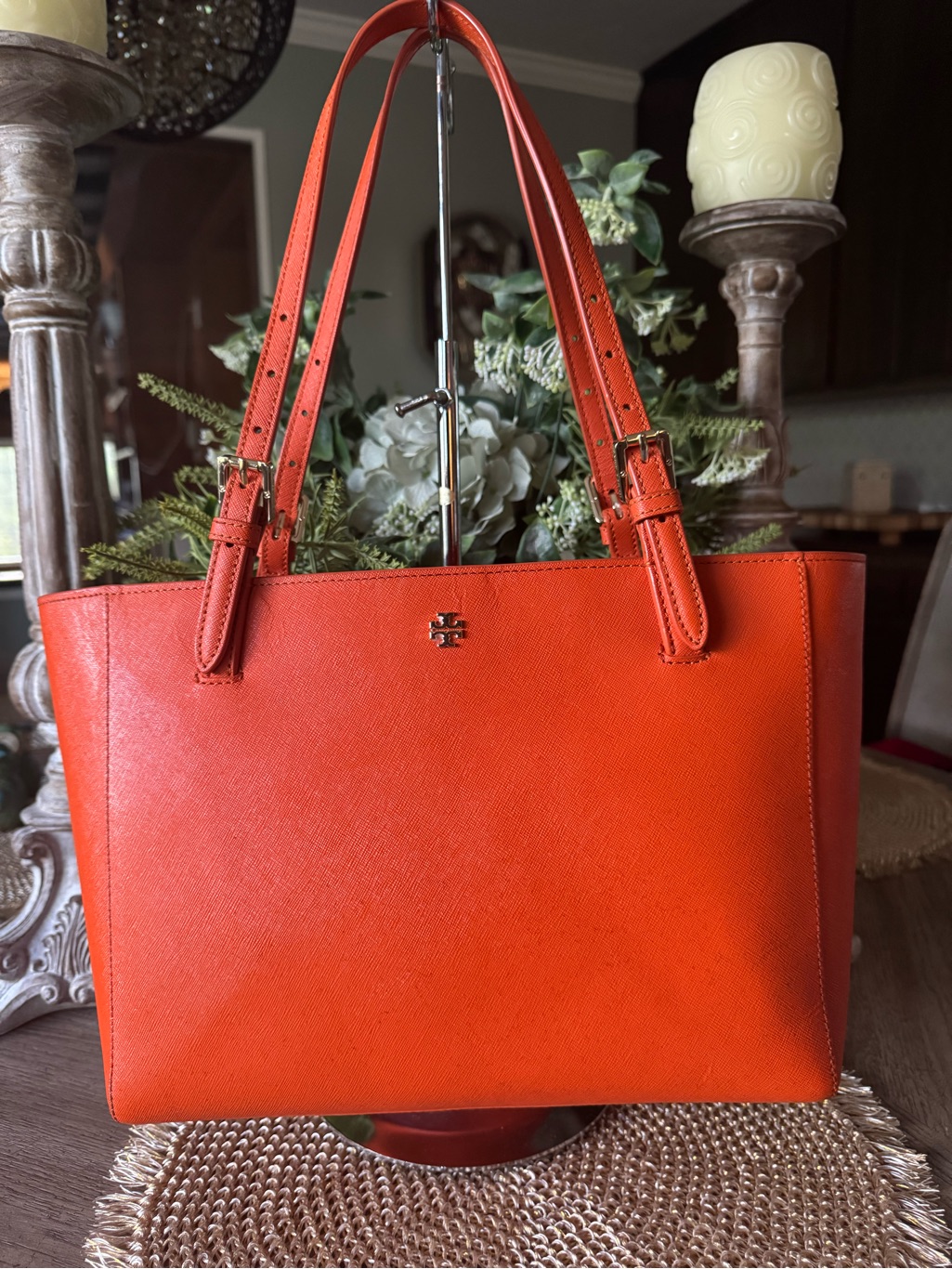 Tory Burch Orange Leather Tote Bag In Excellent Preloved Condition
